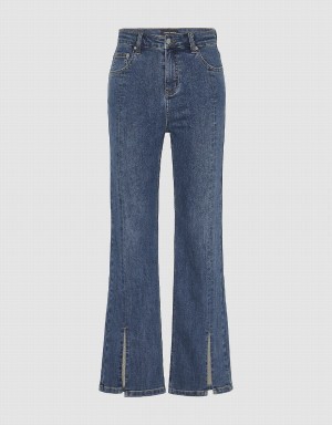 Blue Women's Urban Revivo Split Hem Straight Jeans | AXU3438MP