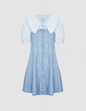 Blue Women's Urban Revivo Statement Collar Button Front Spliced Denim Dress | ETE8724FI