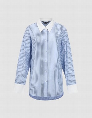 Blue Women's Urban Revivo Striped Button Up Lapel Shirts | YRS989MP