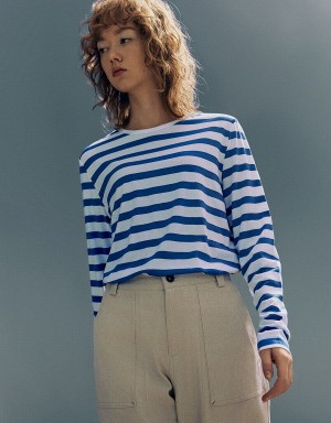 Blue Women's Urban Revivo Striped Crew Neck Knitted T Shirts | OAA8100CF