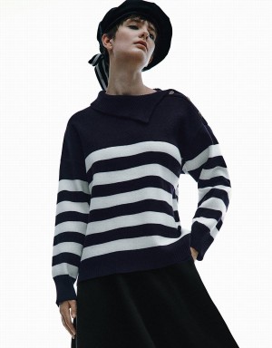 Blue Women's Urban Revivo Striped Knitted Cardigan | DOV2218KF