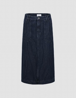 Blue Women's Urban Revivo Striped Midi Straight Denim Skirts | ISH2996ID