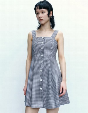 Blue Women's Urban Revivo Striped Sleeveless Square-Cut Collar A-Line Checkered Dress | NDQ643EI