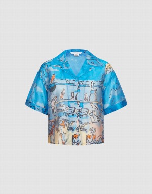 Blue Women's Urban Revivo Summer Landscape Shirts | ALM9486QZ