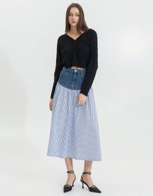 Blue Women's Urban Revivo Two Toned A-Line Denim Skirts | JTO3594AM