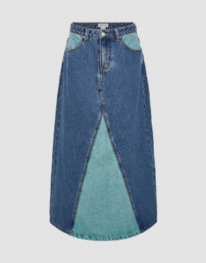 Blue Women's Urban Revivo Two Toned Midi A-Line Denim Skirts | NKJ6327TS