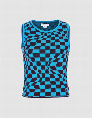 Blue Women's Urban Revivo Wavy Checkered Knitted Tank Top | ORL9088RI