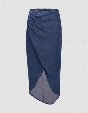 Blue Women's Urban Revivo Wrapped Straight Midi Denim Skirts | EHR9941ED