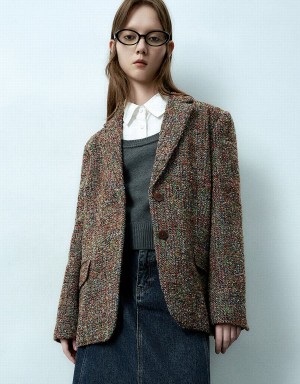 Brown Multicolor Women's Urban Revivo Notch Lapel Tweed Blazers | IKX31100NW