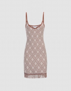 Brown Women's Urban Revivo Argyle Pattern Raw Hem Knitted Bodycon Cami Dress | ILC1049JG