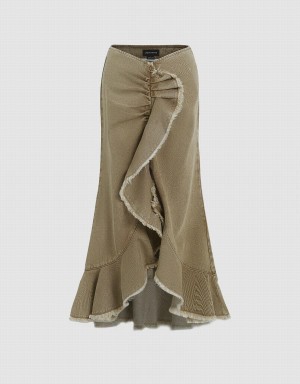 Brown Women's Urban Revivo Denim Ruffle Fishtail Skirts | KYA9041FX