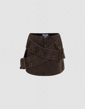 Brown Women's Urban Revivo Double Buckles Mini Straight Denim Skirts | YCB3026TU