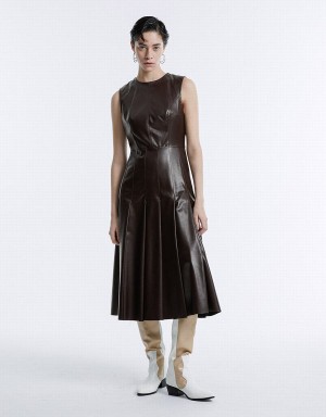 Brown Women's Urban Revivo Gathered Waist Faux Leather Dress | IIH5893IC