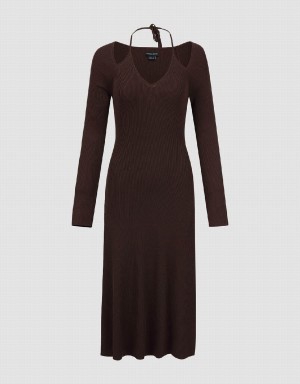 Brown Women's Urban Revivo Halter Neck Skinny Knitted A-Line Dress | DVL4748FY