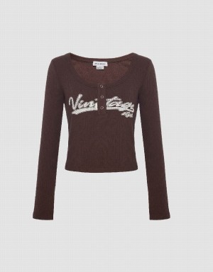 Brown Women's Urban Revivo Letter Print With Press Buttons T Shirts | VPU9283HU