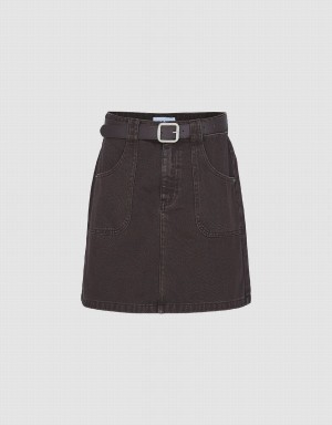 Brown Women's Urban Revivo Mini A-Line Denim With Belt Skirts | PDO8321GD