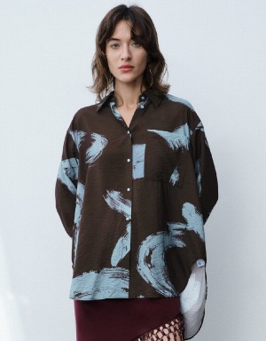 Brown Women's Urban Revivo Printed Straight Shirts | AYC312WE