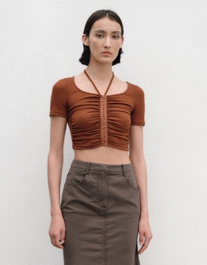 Brown Women's Urban Revivo Ruched U Neck Skinny T Shirts | XEK4121LG