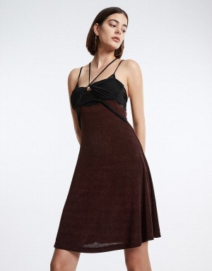 Brown Women's Urban Revivo Spliced Sheer Mesh Cami Dress | CVD28100KG