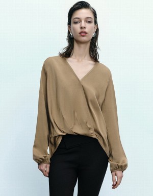 Brown Women's Urban Revivo Surplice Front V-Neck Overhead Blouse | NFT4590ZV