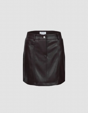 Brown Women's Urban Revivo Vegan Leather Mini A-Line Skirts | NTJ2216ND