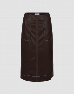 Brown Women's Urban Revivo Vegan Leather Midi Straight Skirts | SRS369SR