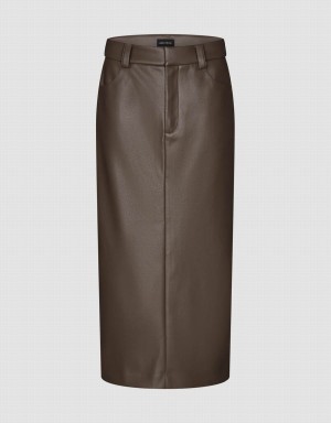 Brown Women's Urban Revivo Vegan Leather Midi Straight Skirts | CDA8868KM