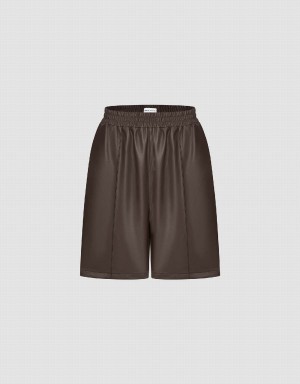 Brown Women's Urban Revivo Vegan Leather Elastic Waist Shorts | ALJ9767UK