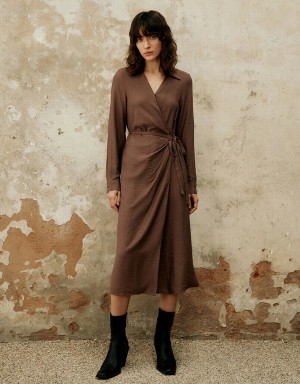 Brown Women's Urban Revivo Wrap A-Line Dress | TRI3755XZ