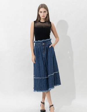 Dark Blue Women's Urban Revivo Striped Raw Hem Midi A-Line Denim Skirts | QWZ7146ZP