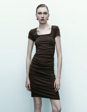 Dark Brown Women's Urban Revivo Asymmetric Ruched Skinny Dress | ZFN9574BB