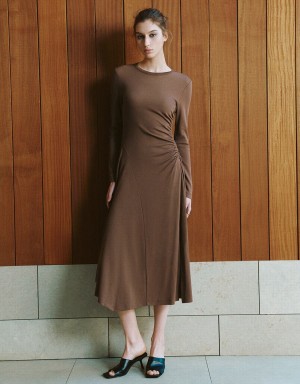 Dark Brown Women's Urban Revivo Crew Neck A-Line Dress | BSH613RC