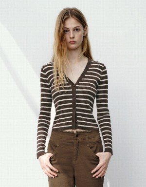 Dark Brown Women's Urban Revivo Striped V-Neck Knitted Cardigan | KAV889AX