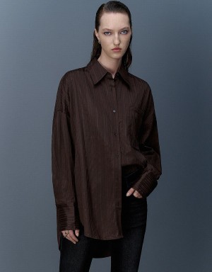 Dark Brown Women's Urban Revivo Textured Button Up Oversized Shirts | DCG655CW