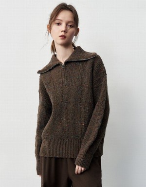 Dark Brown Women's Urban Revivo Zip Half Placket Oversized Sweaters | PZP8463NZ