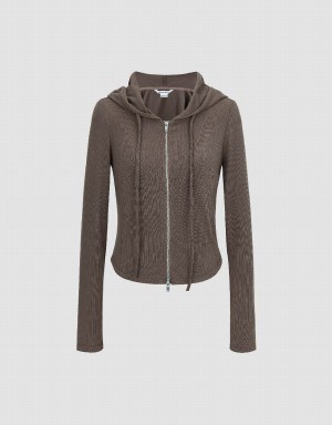 Dark Brown Women's Urban Revivo Zipper Front Skinny Hooded Jackets | HRR6320VY