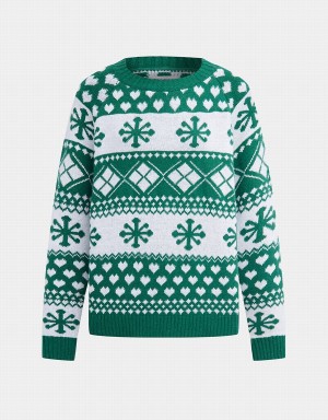 Dark Green Women's Urban Revivo Christmas Snowflake Crew Neck Holiday Sweaters | BMT9567GM