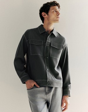 Dark Grey Men's Urban Revivo Button Up Straigt Jackets | WGZ5478PC