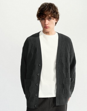 Dark Grey Men's Urban Revivo V-Neck Knitted Cardigan | UDN34100XJ