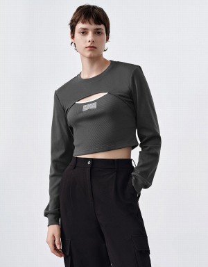 Dark Grey Women's Urban Revivo Cut-Out Crew Neck Knitted T Shirts | XNR2944KY