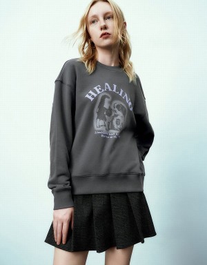 Dark Grey Women's Urban Revivo Printed Crew Neck Sweatshirts | HRH2655JU