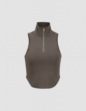 Dark Grey Women's Urban Revivo Zip Half Placket Tank Top | NMV7981WA