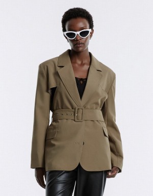 Dark Khaki Women's Urban Revivo Buckle Belted Blazers | LMS5966MZ