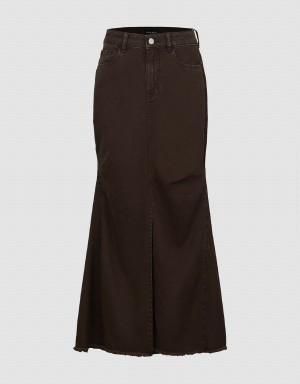 Dark Khaki Women's Urban Revivo Split Hem Fishtail Denim Skirts | PKP6530AX