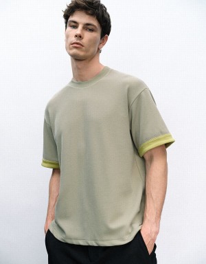 Green Men's Urban Revivo Crew Neck Knitted T Shirts | JSL267AI