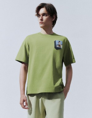 Green Men's Urban Revivo Drop Shoulder Sleeve T Shirts | QJO8564HO