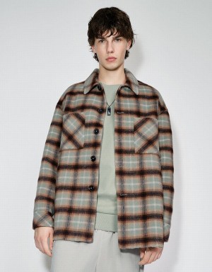 Green Men's Urban Revivo Plaid Straight Woolen Jackets | QQN2163MS