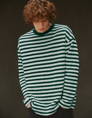 Green Men's Urban Revivo Striped Sleeve Crew Neck T Shirts | RIE4735EE