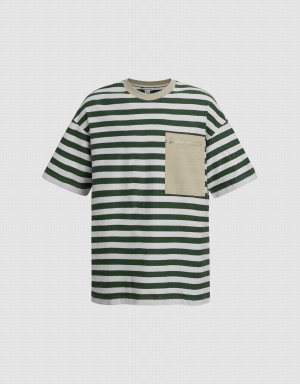 Green Men's Urban Revivo Striped Straight T Shirts | TWT601EZ