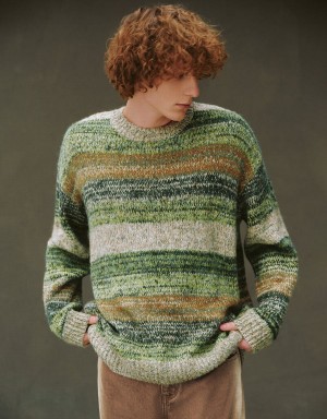 Green Multicolor Men's Urban Revivo Striped Crew Neck Knitted Cardigan | YMB4447PM